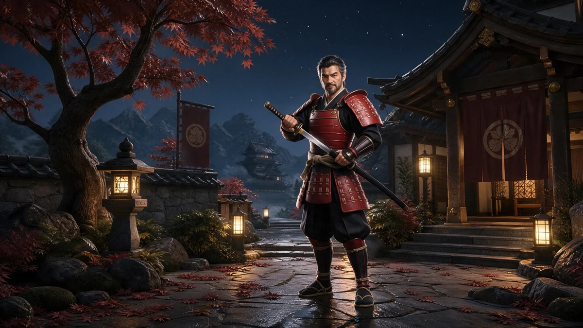 Samuraj u crvenom oklopu pred japanskim svetištem.